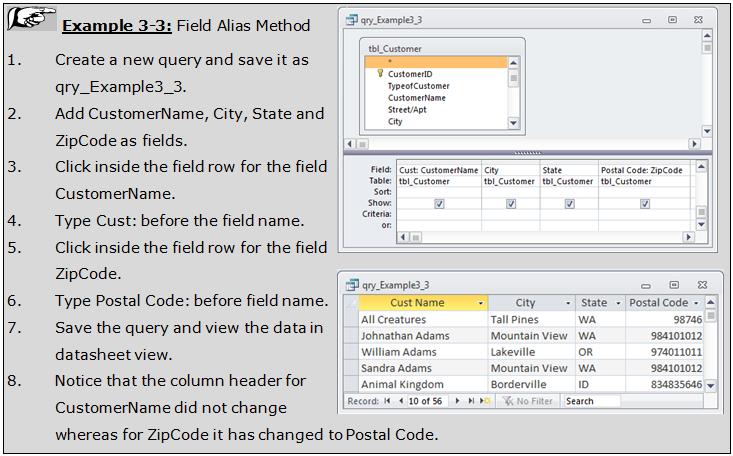 7.2 WORKING WITH FIELDS IN DESIGN GRID 126 Export data from a query: Caption
