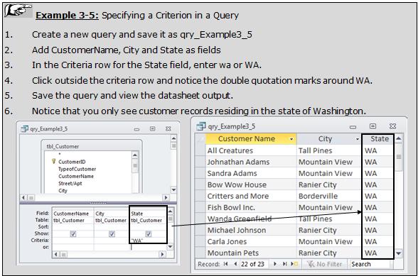 7.3 SIMPLE CRITERIA EXPRESSIONS IN QUERIES 130 To vertically limit the number of records, specify one or more criteria in the criteria row of the query design grid in the query interface.