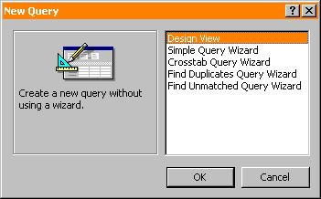 Chapter 1 Creating and Using Queries 2. Click New. The New Query dialog box displays: 3. Choose Design View and click OK. 4. Access opens a new query window and displays the Show Table dialog box.