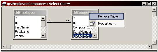 Chapter 2 Working with Queries Procedure: (To delete tables from the query) 1. Select the unwanted table by clicking on its title bar. 2. Press the [Delete] key.