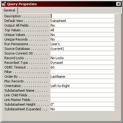 Chapter 2 Working with Queries Click the Properties button on the Query Design toolbar.