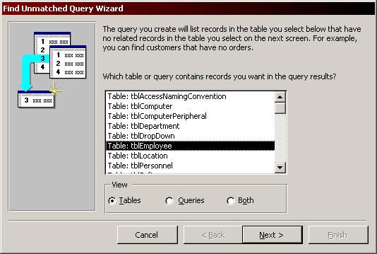 Chapter 3 Using Query Wizards 3. Choose the Find Unmatched Query Wizard and click OK.