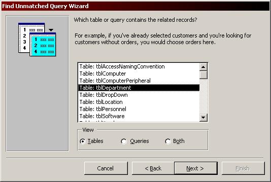 Select the first table or query from the list in which you wish to search for
