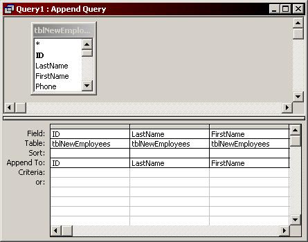 Chapter 5 Working with Action Queries 4. The Append To row is added to the QBE grid. The Append To line has been added to the QBE grid 5.