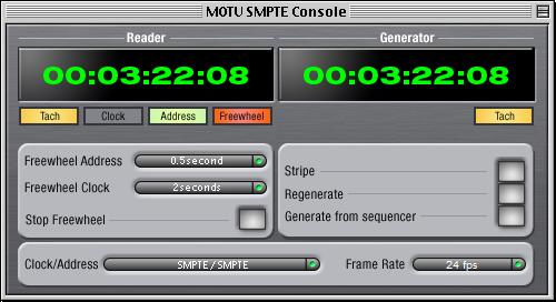 CHAPTER 14 MOTU SMPTE Console OVERVIEW The 828mkII can resolve to SMPTE time code, without a dedicated synchronizer. It can also serve as a SMPTE time code generator.