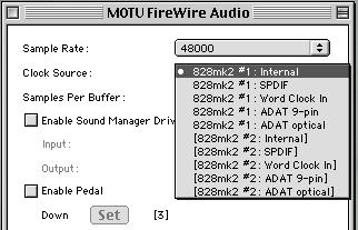 Using multiple interfaces under Mac OS 9 All connected MOTU FireWire interfaces get their clock from whatever you choose from the Clock Source menu in the MOTU FireWire Audio Console.