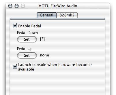 828mkII settings in Mac OS X In Mac OS X, choose the 828mkII as your audio input output device by choosing MOTU Audio System options>configure Hardware Driver from the Setup menu.