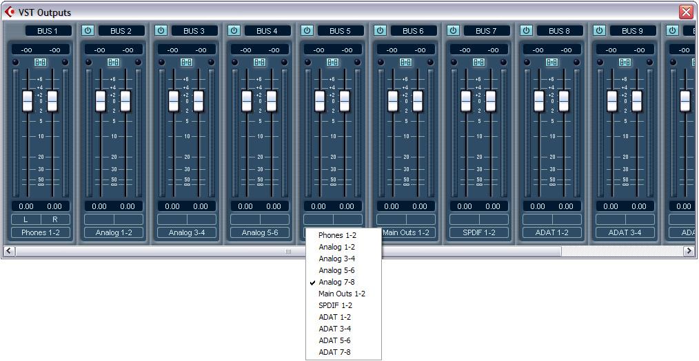 In Cubase VST, these outputs appear in the VST Master Mixer window as output assignments for the master fader and busses, as shown below in Figure 11-7.
