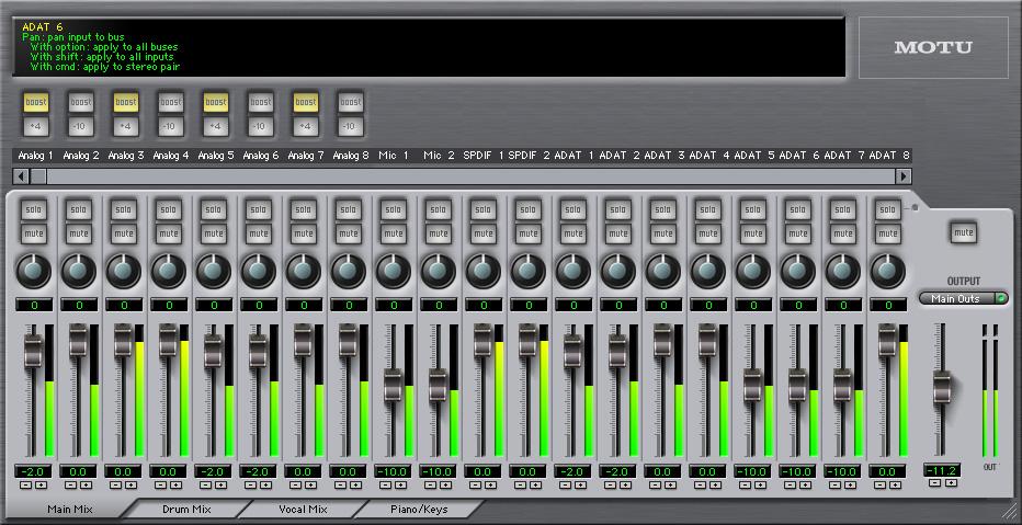 CHAPTER 13 CueMix Console OVERVIEW CueMix Console provides access to the flexible on-board mixing features of the 828mkII. CueMix lets you route any combination of inputs to any stereo output pair.