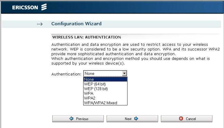 Figure 15 - Wireless LAN: Authentication page Select one of the authentication methods from the Authentication dropdown list.