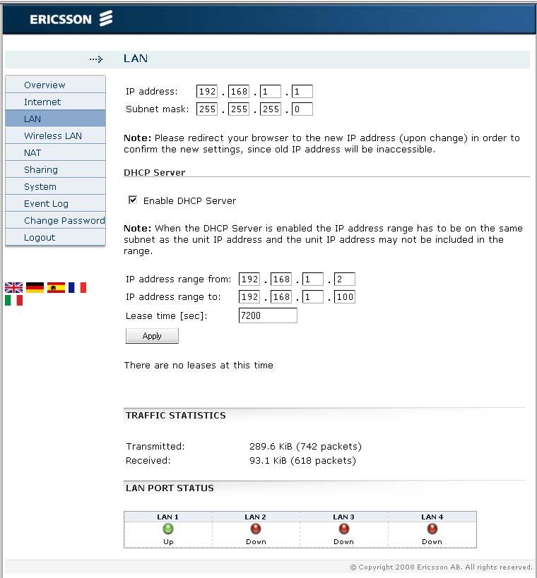2.5 LAN The LAN (Local Area Network) page includes settings for the connection between the Ericsson W21 and other local devices, traffic statistics as well as status on the physical LAN ports.