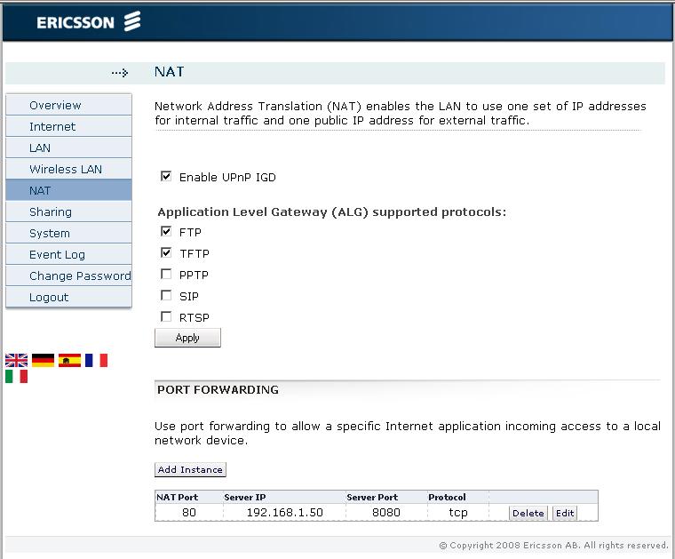 2.7 NAT The Ericsson W21 includes a NAT (Network Address Translation) service.