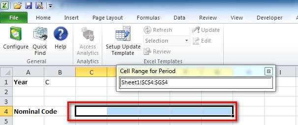 27. Now click the button next to the Cell Range field. 28. You will be returned to Excel with the following Panel displayed 29.