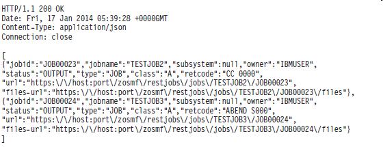 z/os jobs service API example List the jobs for an owner, prefix or job ID Example request In the following example, the GET