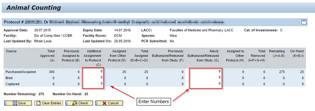 There are two areas on the Animal Counting screen that allow you to enter numbers; Additional Assigned to Protocol and Newly Euthanized/Released from Study.