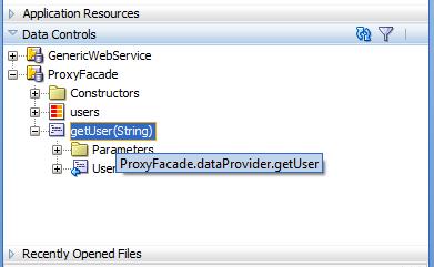 Expand the Data Controls tab, then go to ProxyFacade->getUser(String).