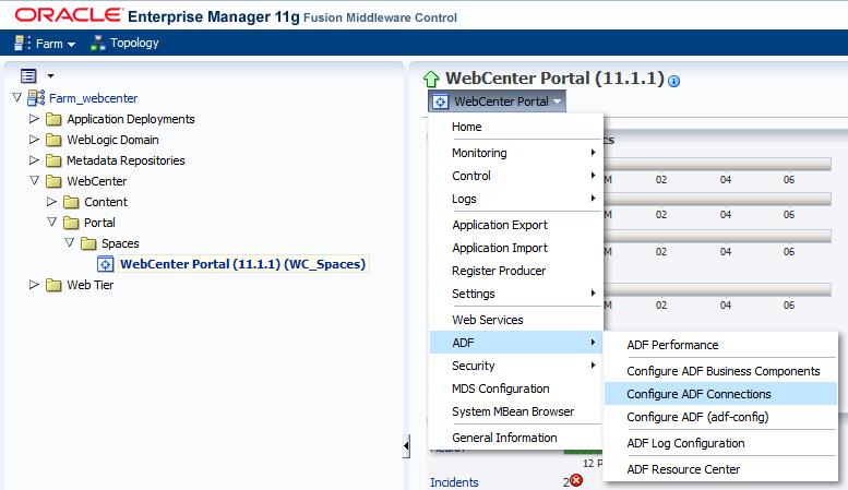 3. From the WebCenter Portal menu, select ADF->Configure ADF Connections. 4.