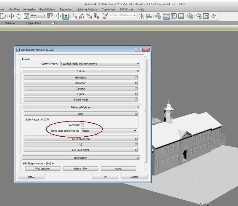 3. Change the FBX file units to centimeter in the Advanced Options and Units tabs of the FBX Export screen as seen in Figure 16.