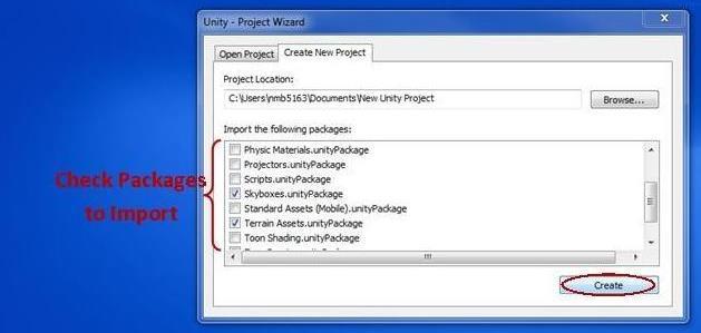 FIGURE 7: SELECTING UNITY PACKAGES TO IMPORT TO START A NEW PROJECT 3.