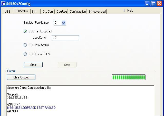 1 USB Status Tab Loop Back Test Connect a XDS560V2 STM via USB to the PC you are testing on. Select the port number to which the USB is connected to.