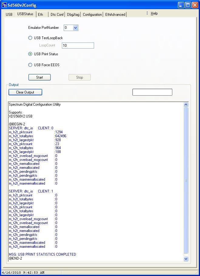 FIGURE 6: Sd560v2Config utility to test USB Loop Back 5.2.2 USB Status Tab Print USB Statistics Another feature of the Config utility is to print current statistics on the USB link.