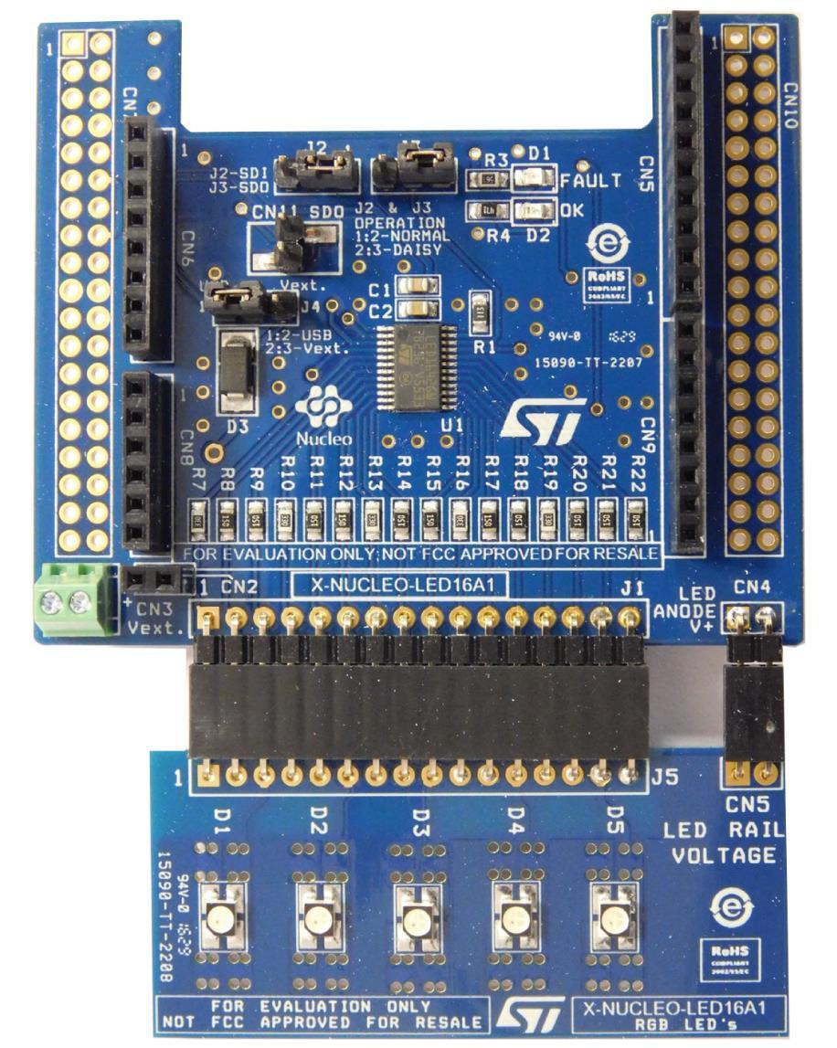 System setup guide 3.1.2 X-NUCLEO-LED16A1 expansion board UM2147 The X-NUCLEO-LED16A1 expansion board for STM32 Nucleo is based on the LED1642GW 16 channel LED driver.