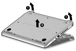 5. Separate the bottom cover from the computer by lifting up at the seam near the display hinges (1), and then lift the cover up and off the computer (2) far enough to access