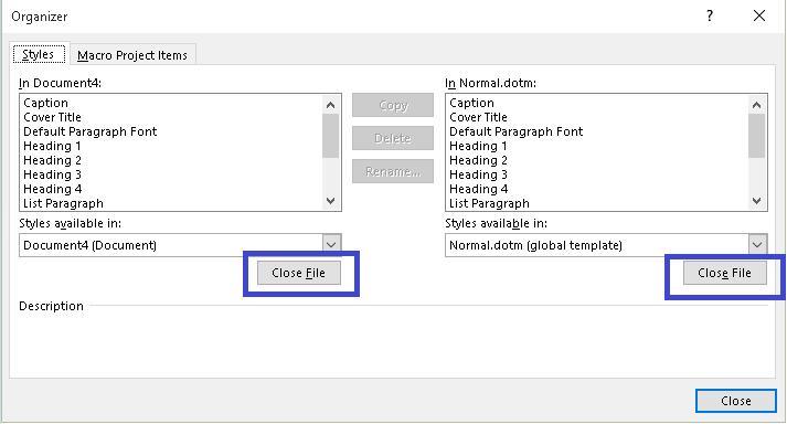 Figure 15 Organizer dialog showing two Close File buttons. The document on the left has a Close File button that can be used by pressing Alt + F.