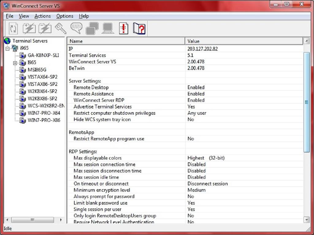 To view or change the Server and RDP settings. Alternatively, you can right-click on the WinConnect Server VS Host computer name (e.g. I965) and select Properties.