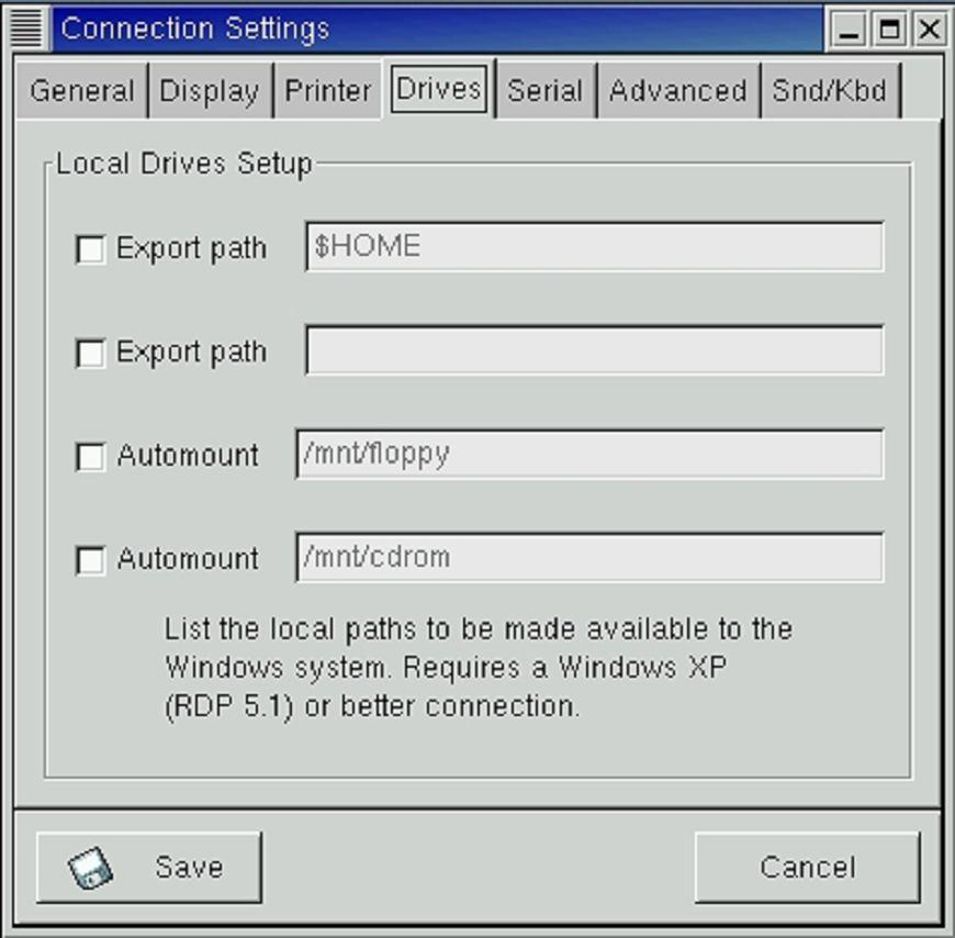 On the Drives tab are entry fields for enabling the local drives in the Linux machine to be able to access from the Remote
