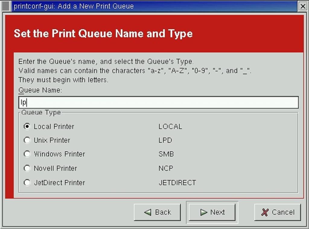 Select Local Printer from the Queue Type menu, and click Next.