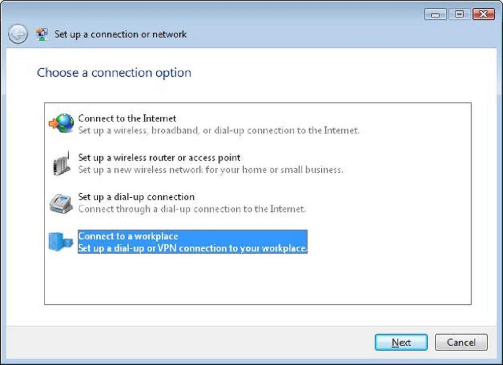 Step 2. Click Connect to a workplace, and then click Next as shown below. Step 4. Click Use my Internet connection (VPN), click Next, and then follow the instructions in the wizard.