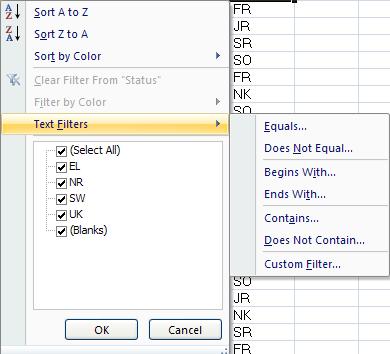 Autofiltering (cont) By using Text Filters, you can specify a condition [to filter data by] that would