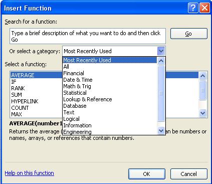 Inserting a Function Categories Available Functions within Category Available Function Categories The Insert Function Window is identical to that of