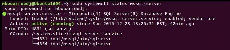 systemctl status mssql-server Note if 1433 port is not opened you need to open it $ sudo firewall-cmd --zone=public --add-port=1433/tcp --permanent $ sudo firewall-cmd --reload Install the