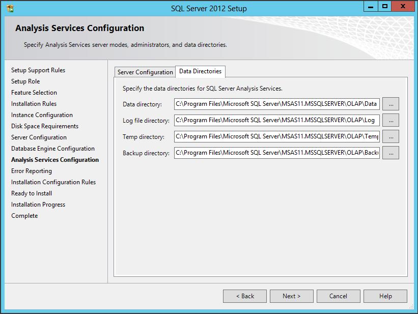 Analysis Services Configuration Data Directories tab: Double check