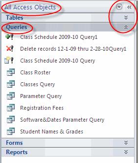 Access 2010 Basics In the figure, All Access Objects are displayed: Tables, Queries, Forms, and/or Reports. Queries are also shown in the figure.