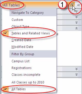 Select Tables then Tables and Related Views. In this way tables will be listed with all their individual Forms, Queries, and Reports. [Each object type has its own icon in front of the name.
