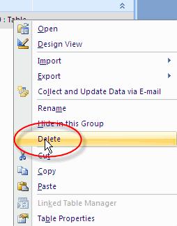 Access 2010 Basics Delete a table To delete an object, i.e. a table from a database, that object must be closed so first close any open tables In the Navigation Pane, right-click on the name of the table.