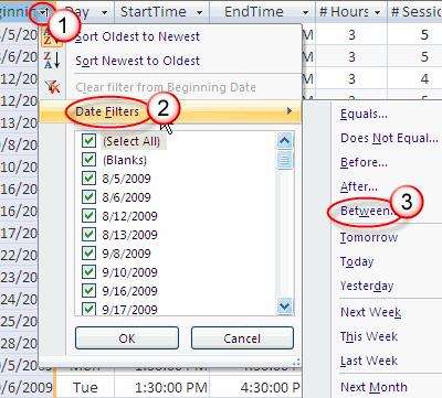Only records matching a Subject beginning with MS and # Sessions greater than or equal to 5 remain displayed. Select and highlight the Beginning Date field.