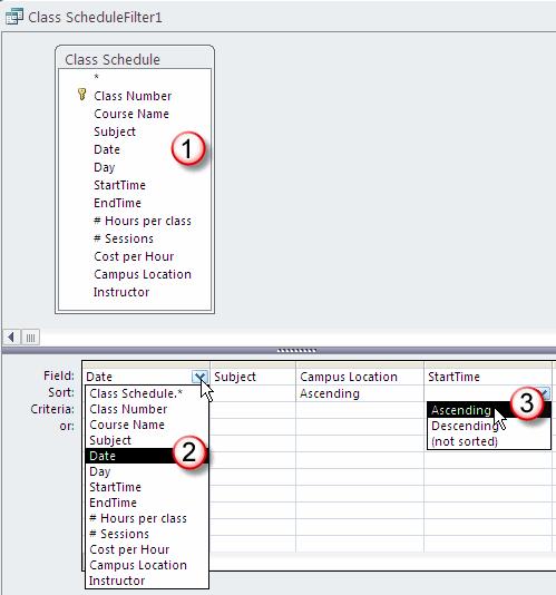 Access 2010 Basics To place a field in the grid you can (1) double click it in the field list OR (2) click the dropdown arrow in the column grid and click once on the field name in the drop-down list.