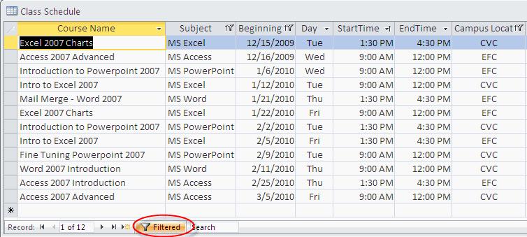 Access 2010 Basics Above is the filtered Class Schedule Table. Twelve records met all the criteria. NOTE: Unaffected fields (columns) in the above figure are hidden.
