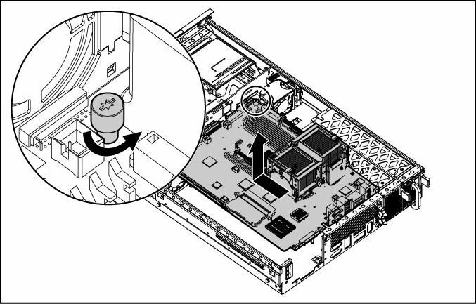 12. Identify the alignment keys and keyhole locations, 1 through 4. 13. Loosen the system board thumbscrew. 14. Remove the system board. 15. Remove the rear fan bracket.
