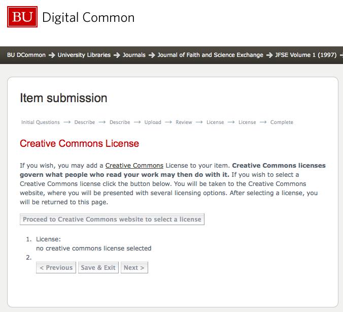 11. The next screen asks whether you want to license your submission under Creative Commons.