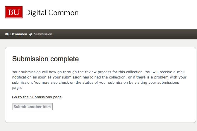16. This screen informs you that the submission process is complete. The Site Administrator will approve the submission.