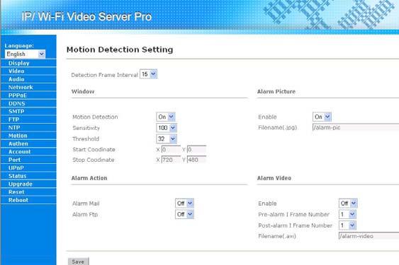 7.11 Motion Detection Settings IP Video Server Pro supports the motion detection function. When this function is enabled, IP Video Server Pro will monitor the video captured by it.