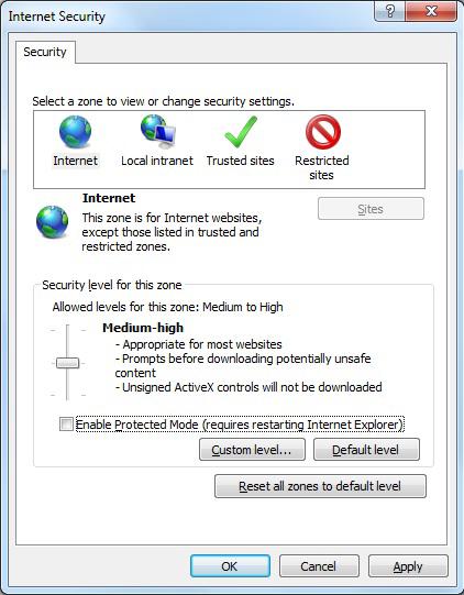Clicks Tools, then select Internet Options. Click the Security tab, and uncheck the box for protected mode, and click Apply. Restart Internet Explorer.