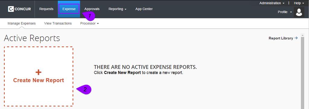 Submitting an Expense Reimbursement Report: From the Concur Home Page Step 1: Click Expense to navigate to the expense