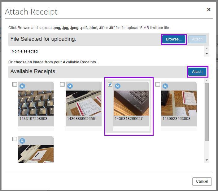 Attach Receipt: There are two ways To Attach a Receipt. 1. Select Browse and search for the file, select the file, click Attach 2.