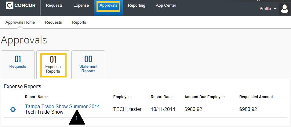 Approving an Expense Report: From the Concur Home Page Step 1: Click the Approvals menu item from the Concur Home,